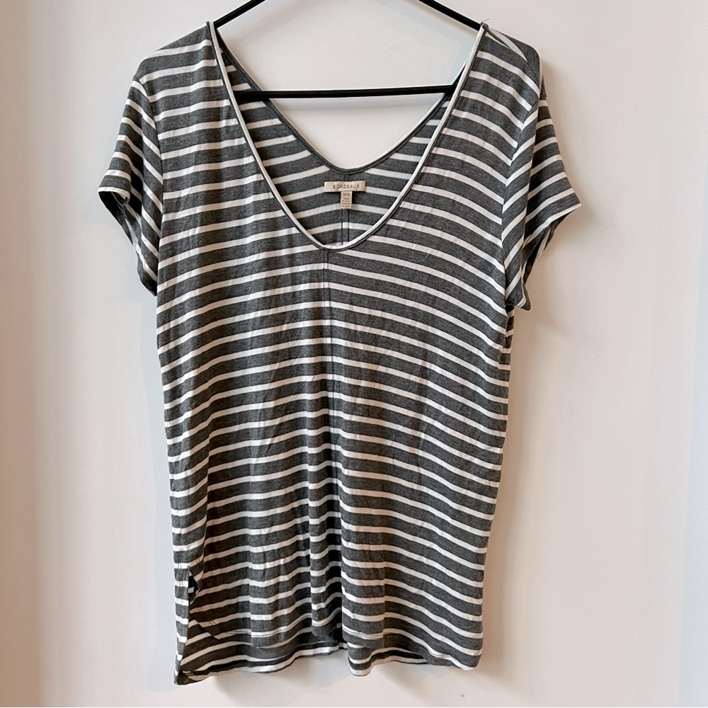 Grey White Striped Cotton Stretchy Tee